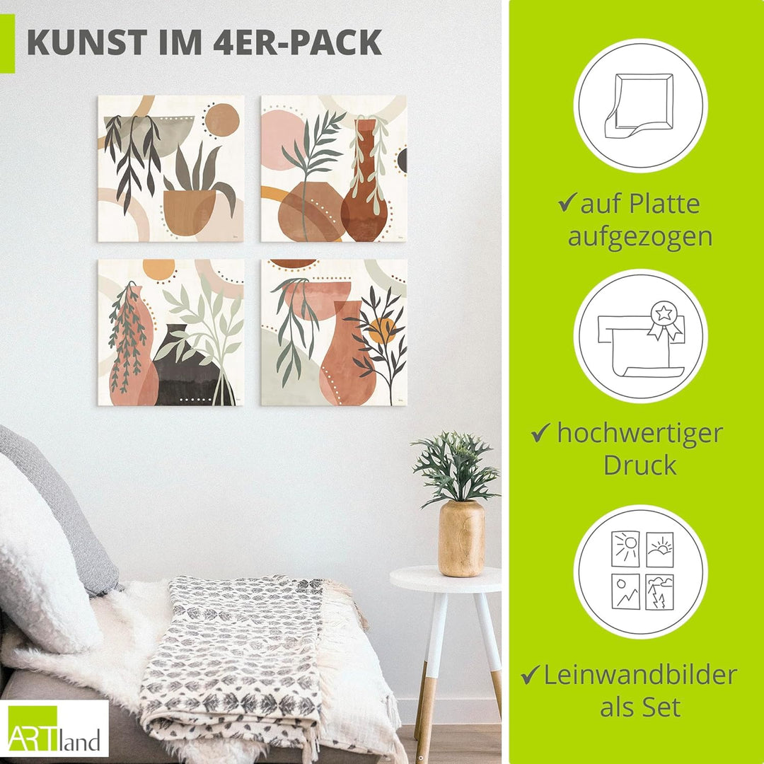 ARTLAND Wanddeko Leinwand Bilder Set 4tlg. je 40x40 cm skandinavische deko Flower Market Vasen Pflan