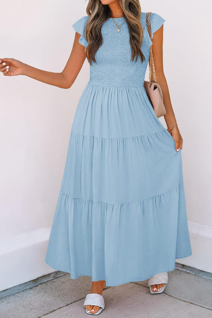 Damen Sommerkleid A Linie Kleider Kurzarm Kleid Midi Freizeitkleid L Hellblau, L Hellblau