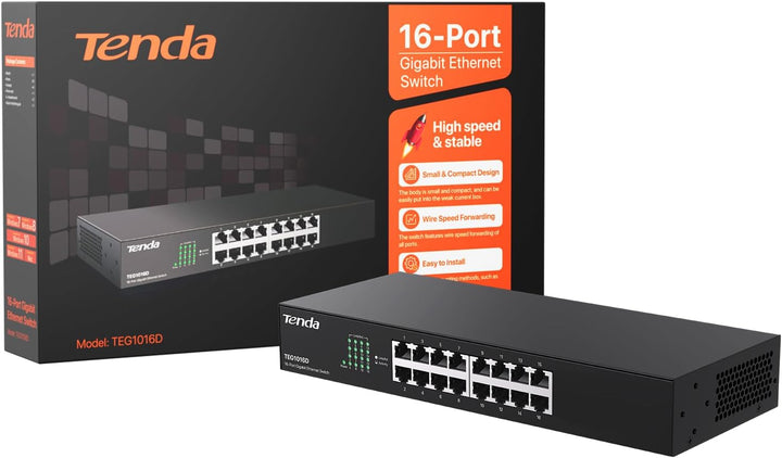Tenda TEG1016D Gigabit Switch 16 Port 19 Zoll Rackeinbau Netzwerk Switch (Plug-und-Play, 32Gbit/s Sw