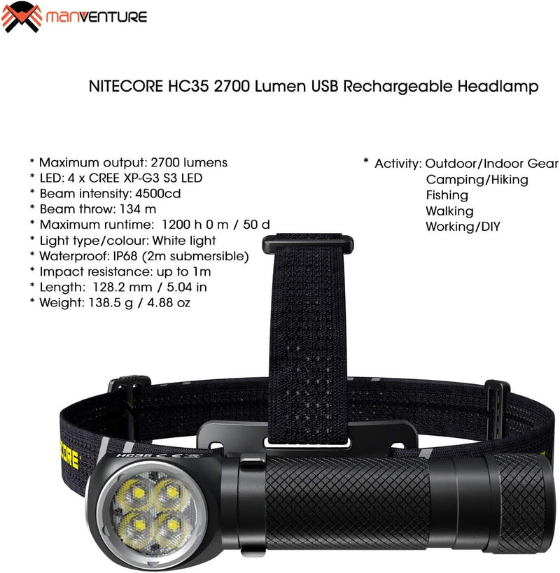 Nitecore HC35 Stirnlampe USB Aufladbar - 2700 Lumen LED Taschenlampe Extrem Hell mit 8 Modi - IP68 W