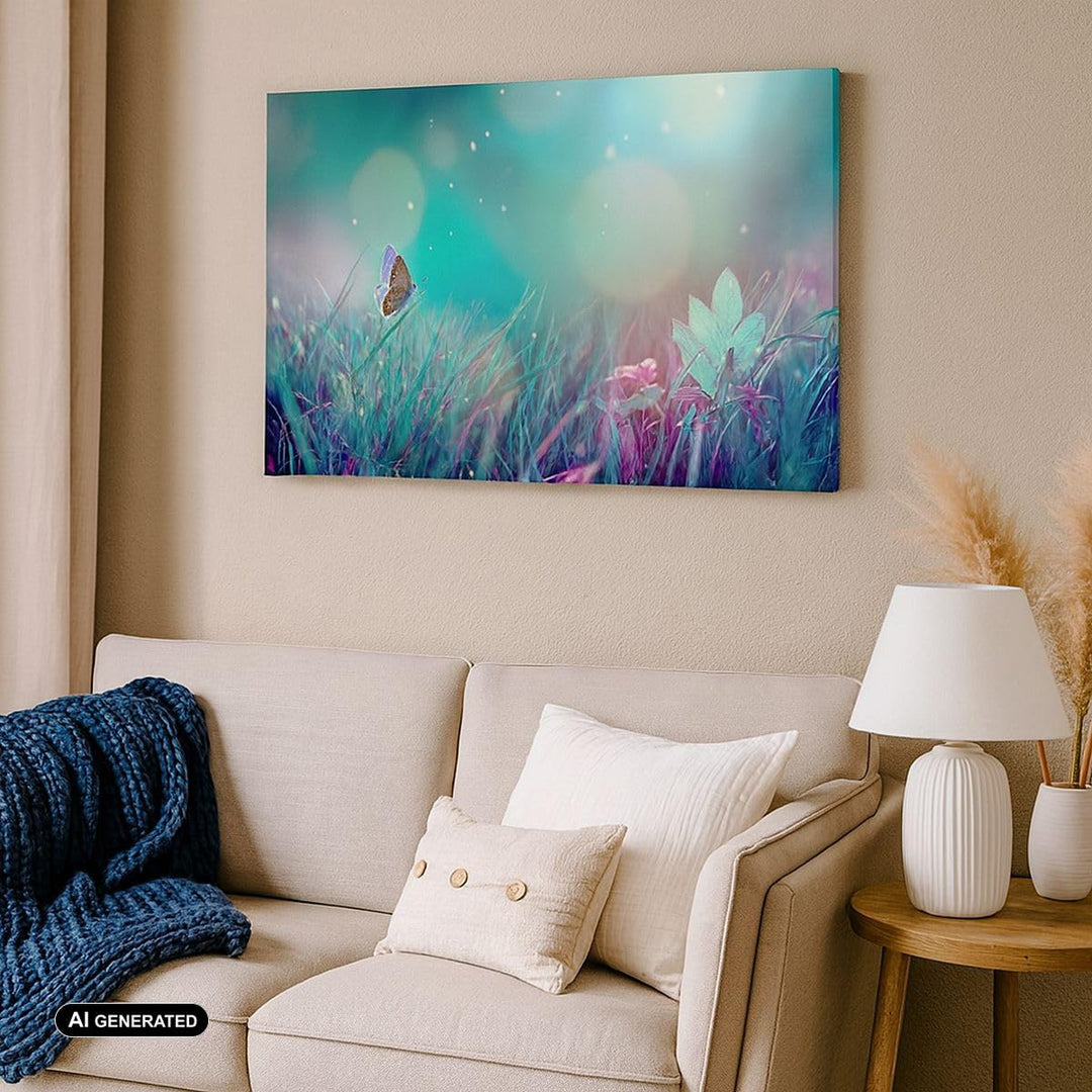 Bilder auf Leinwand 100x70cm Leinwandbild Schmetterling Wiese Blume Gross Wanddeko Bild Schlafzimmer