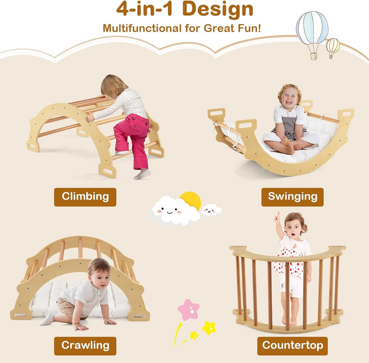 HOMASIS Kletterbogen mit Kissen, Holz Klettergerüst Indoor, Montessori Holzwippe Bogenwippe zum Wipp