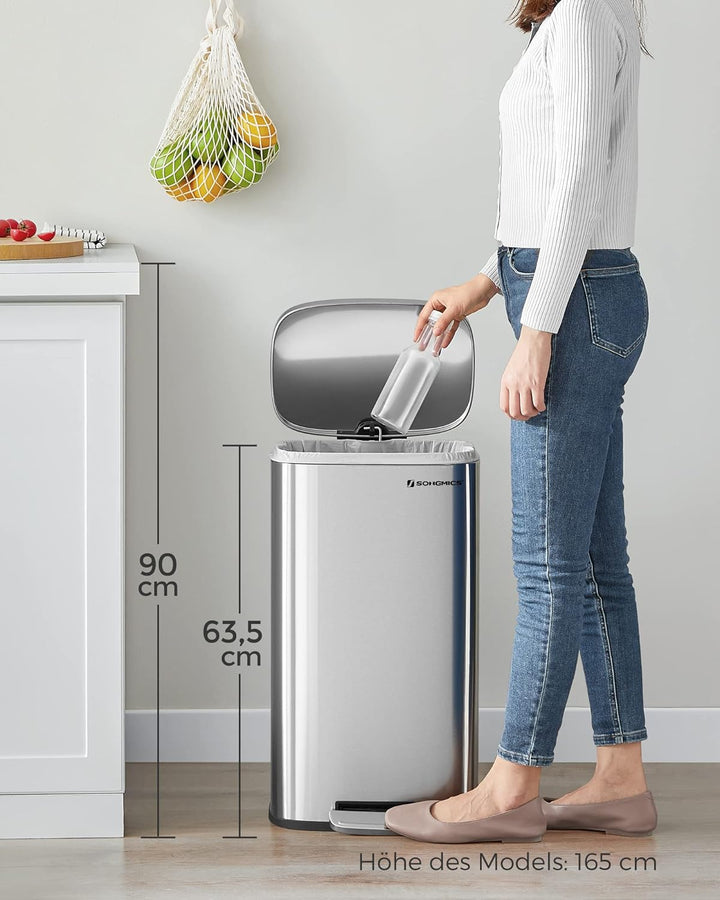 SONGMICS Mülleimer Küche, 30 Liter, Abfalleimer, Treteimer, mit Deckel, Softclose, Fusspedal, Stahl,