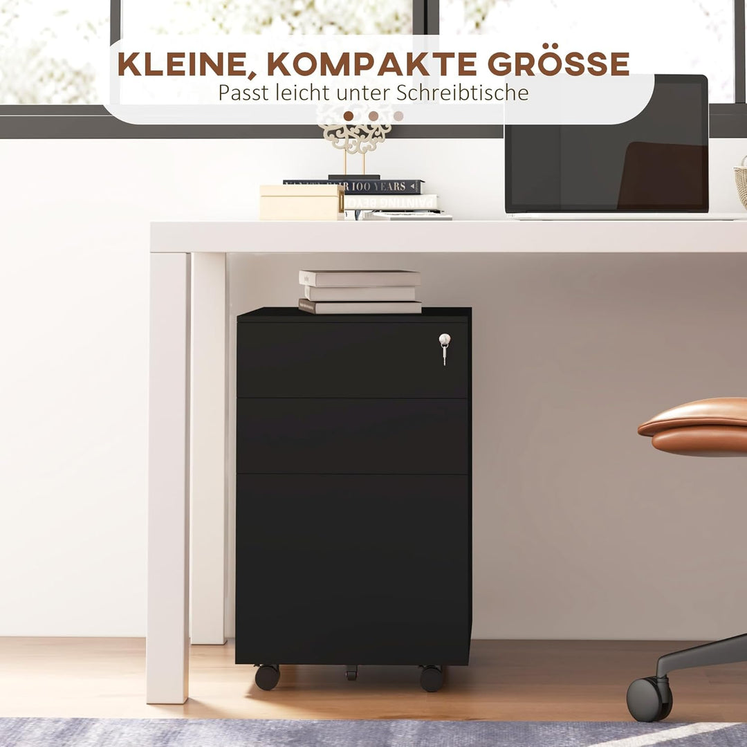 Vinsetto Rollcontainer Aktenschrank mit 3 Schubladen, Büroschrank mit Schloss, Druckschrank, Untersc