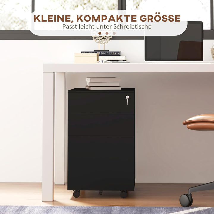 Vinsetto Rollcontainer Aktenschrank mit 3 Schubladen, Büroschrank mit Schloss, Druckschrank, Untersc