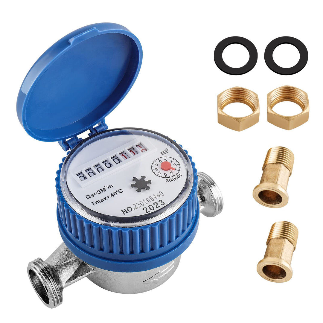 ColdShine Wasserzähler 1/2" Anschlussgewinde Einkanal-Trockenwasserzähler Wasseruhr Garten Kaltwasse