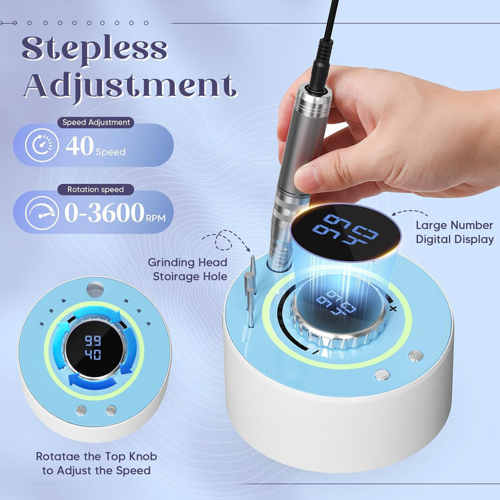 Professionelles Elektrisches Nagelpoliergerät 36000 U/min, 4000mAh kabellos, leise 20dB mit 12 Aufsä