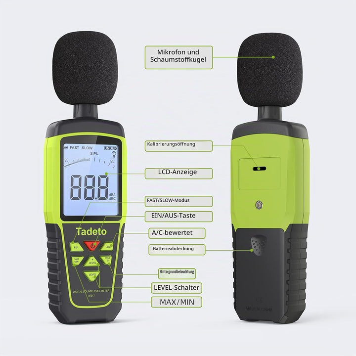 Dezibel Messgerät, Tadeto Schallpegelmesser Portable db Messgerät 30dB bis 130dB (5 Messbereich) Hin