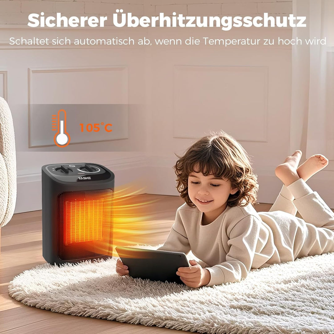 YASHE Elektroheizkörper 1500W, PTC Keramik Heizlüfter mit Thermostat, 2 Heizstufen + Ventilatormodus