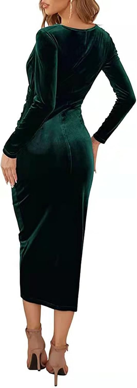 Kleid Lang Damen Elegant Partykleid Samt V Ausschnitt Cocktailkleid Abendkleid Bodycon Kleid Langarm