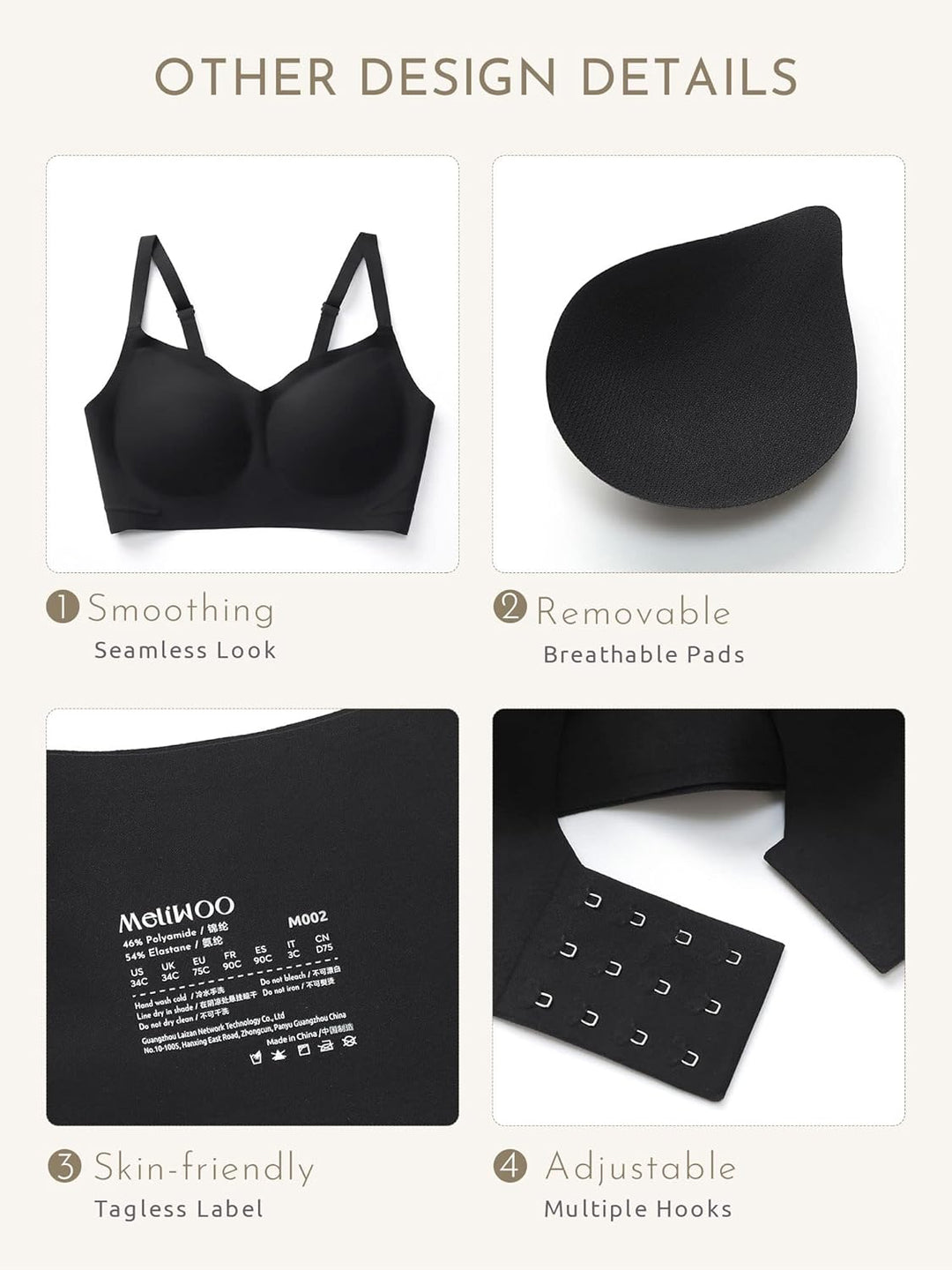 MELIWOO Damen Nahtloser BH ohne Bügel Invisible Gepolstert Entlastungs Bralette 75B Schwarz, 75B Sch