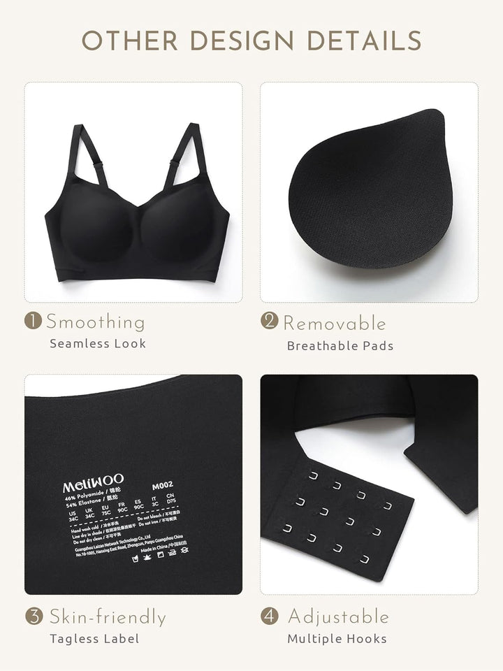 MELIWOO Damen Nahtloser BH ohne Bügel Invisible Gepolstert Entlastungs Bralette 75B Schwarz, 75B Sch