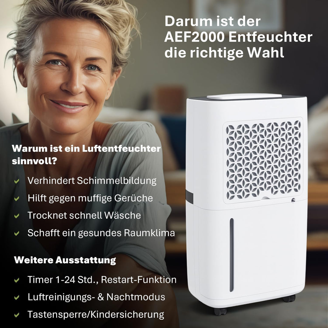 alfda AEF2000 Luftentfeuchter elektrisch 20 L Tag | 20 L Tag, bis 30m², Abschaltautomatik, Hygrostat