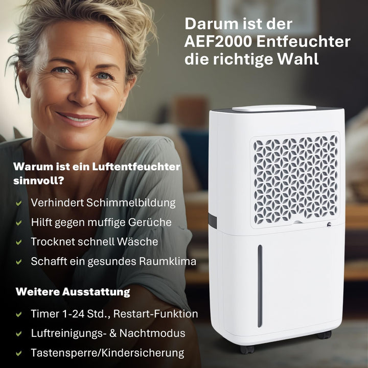 alfda AEF2000 Luftentfeuchter elektrisch 20 L Tag | 20 L Tag, bis 30m², Abschaltautomatik, Hygrostat