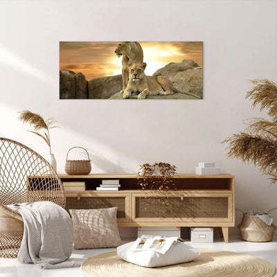 Wandbilder Dekoration Wohnzimmer Löwen Sonnenuntergang Felsen Krallen Bilder auf Leinwand 120x50cm L