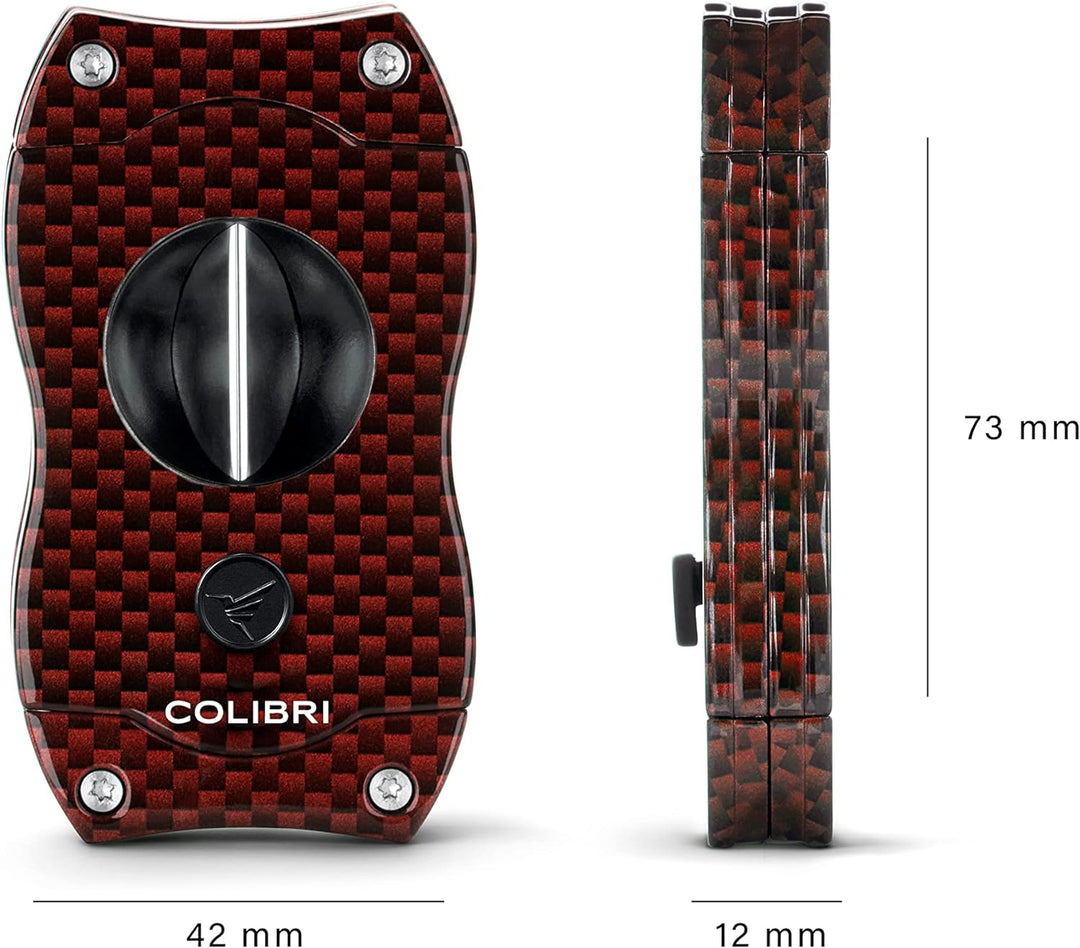 Colibri V-Cut Zigarrenschneider | Rotes Kohlefaserdruck | Federauslöser | Tiefer 7mm V-Schnitt | Bis