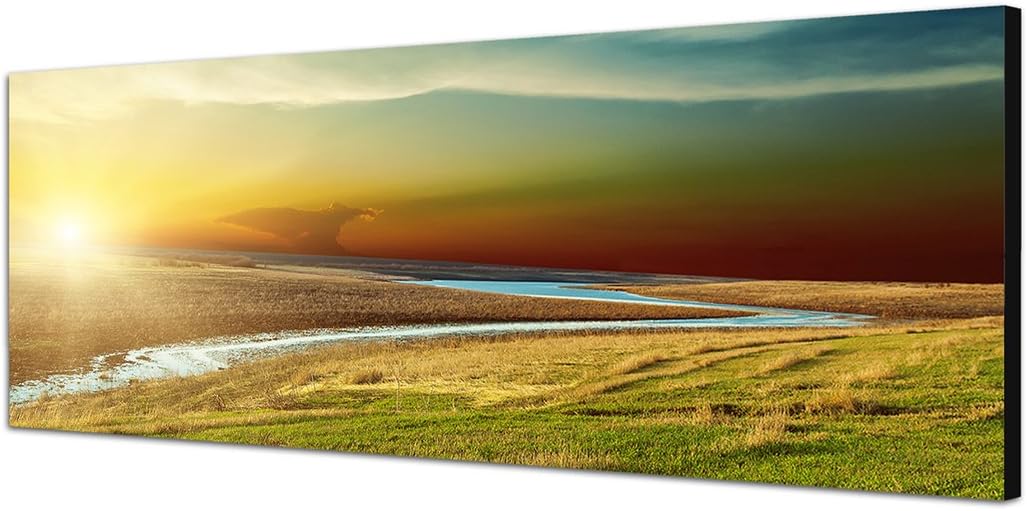 Paul Sinus Art Panoramabild auf Leinwand und Keilrahmen 150x50cm Landschaft Wiesen Fluss Sonnenunter