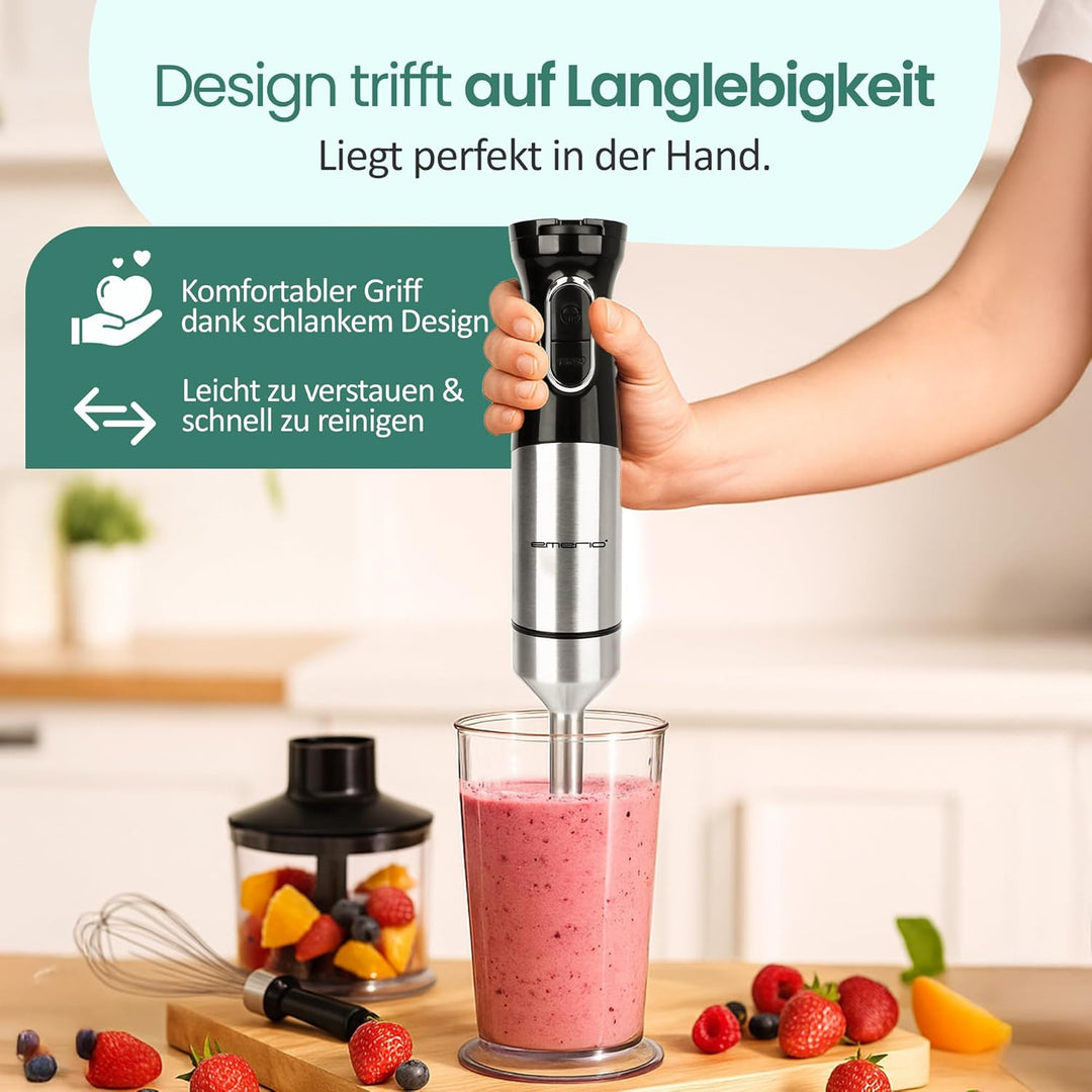 EMERIO Stabmixer mit kraftvollen 1000 Watt | Pürierstab (abnehmbar) und Messereinheit aus langlebige