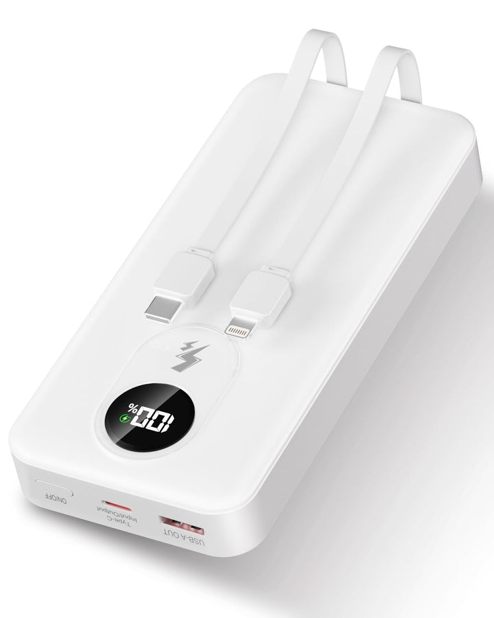 Power Bank 30000mAh mit integriertem Kabel：PD 22.5W Schnellladung Externer Akku mit Grosse Kapazität