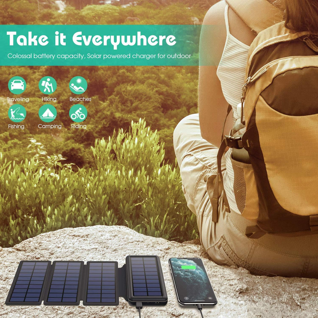 iPosible Solar Powerbank 26800mAh,Power Bank mit 4 Faltbar Externes Solarpanel Solarladegeräte 2 Aus