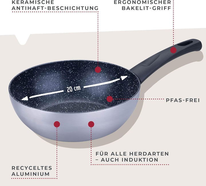 FACKELMANN Wokpfanne Essential Crisp Ø 20 cm aus recyceltem Aluminium mit keramischer Antihaft-Besch