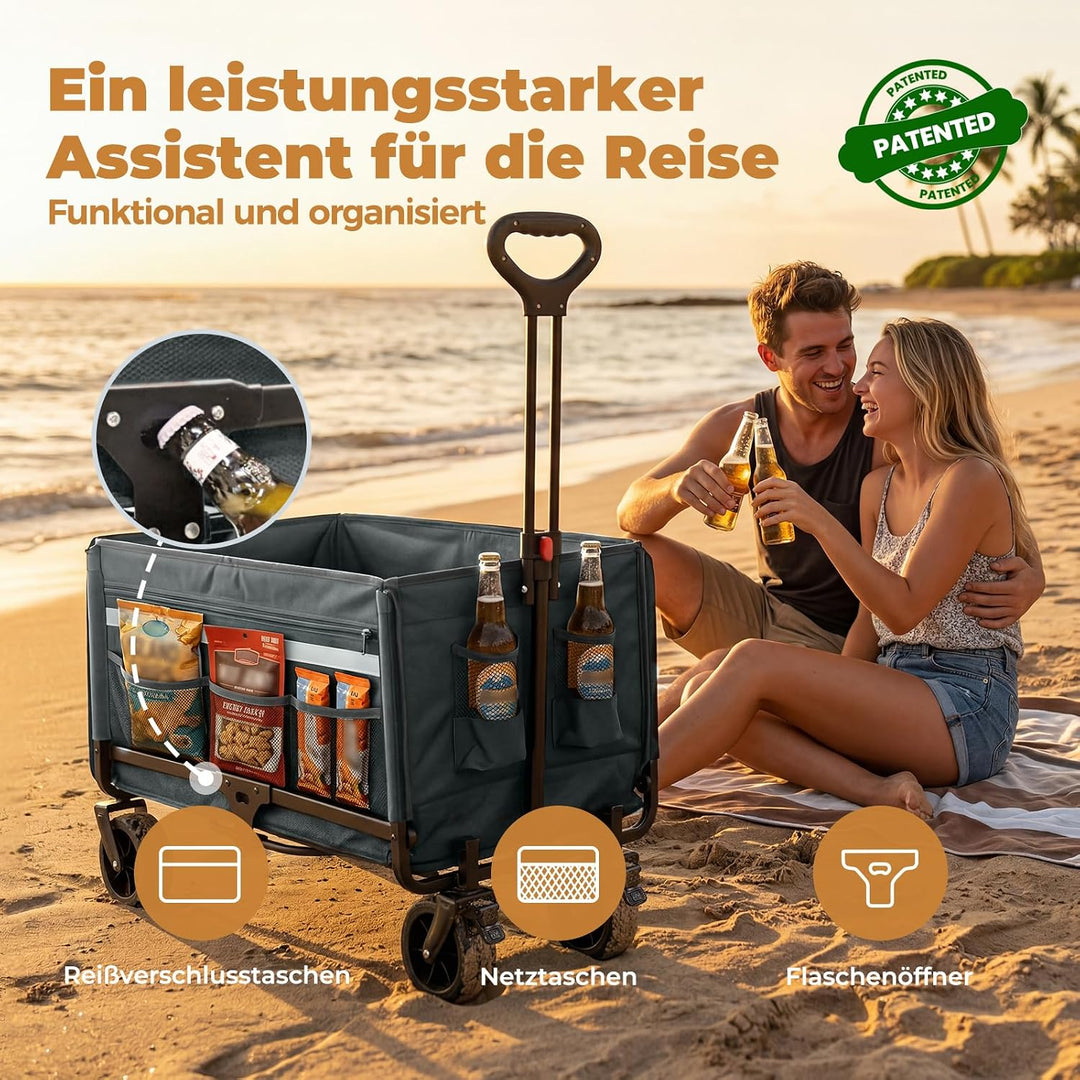 Bollerwagen Faltbar 120L+, Bis 150kg mit Heckklappe, Regenschutz, Bremsen | Reflektorstreifen, Stran