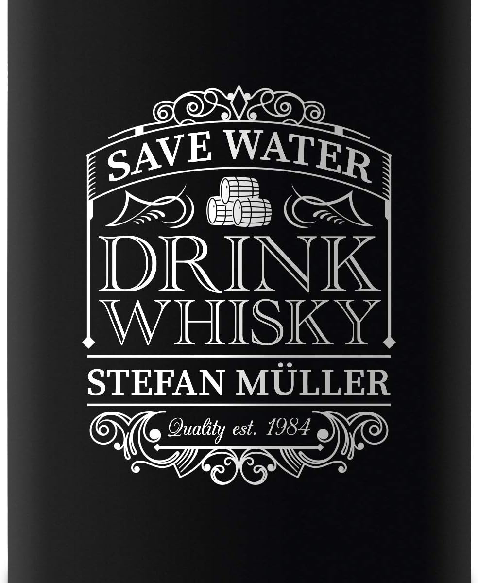 Flachmann Edelstahl Schwarz Matt 237 ml 8 oz individuelle Gravur in Silber - Save Water Drink Whisky