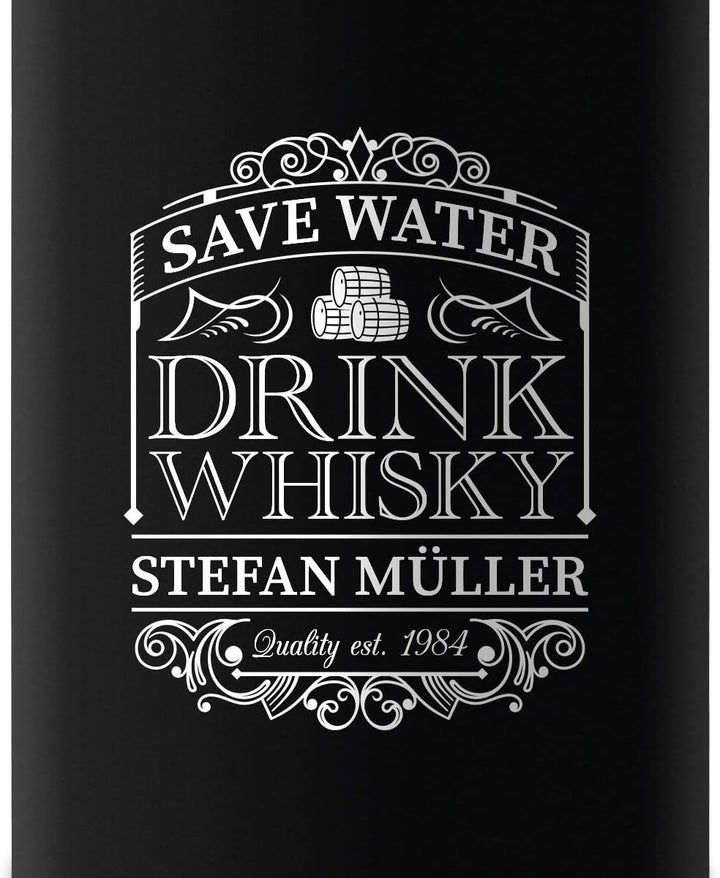Flachmann Edelstahl Schwarz Matt 237 ml 8 oz individuelle Gravur in Silber - Save Water Drink Whisky