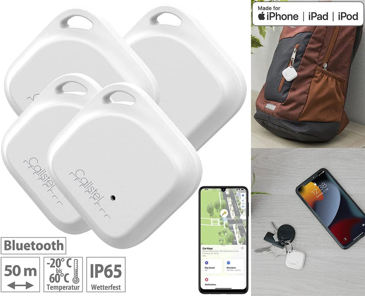 Callstel Keyfinder: 4er-Set Schlüssel- & Gegenstandsfinder, Apple-AirTag-kompatibel, MFi (Ortungstra