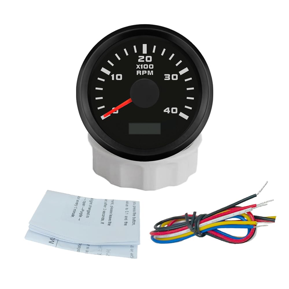 ELING 52 mm Drehzahlmesser 4000 U/min mit Betriebsstundenzähler 12 V 24 V mit 7 farbiger Hintergrund
