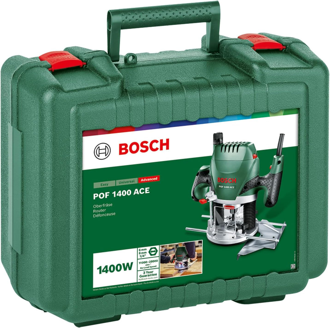 Bosch Home and Garden Oberfräse POF 1400 ACE (3 x Spannzange, Fräser, Parallelanschlag, Absaugadapte