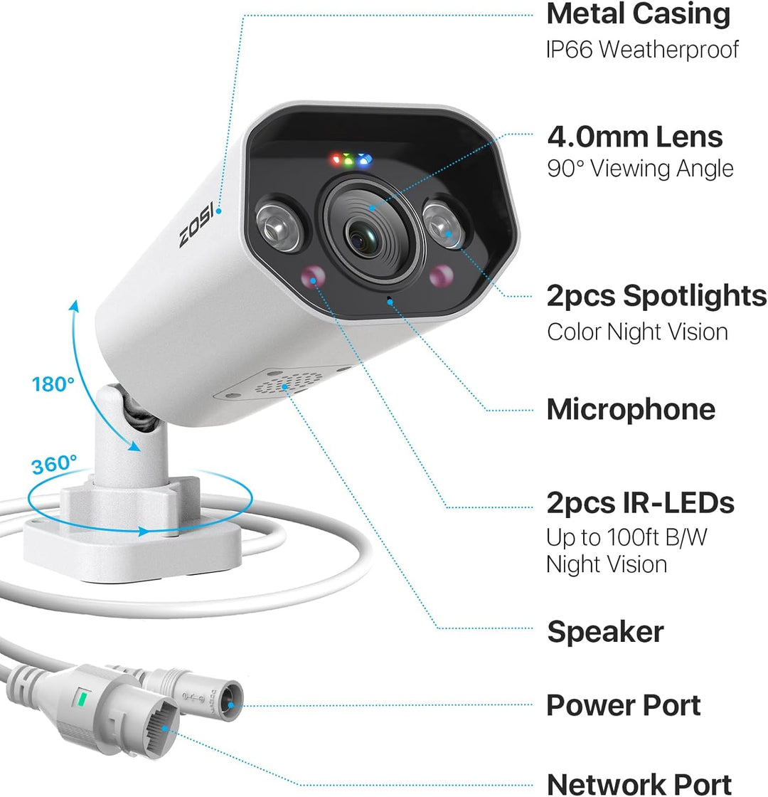 ZOSI 4K 8MP PoE Überwachungskamera Aussen, Personen-/Fahrzeugerkennung, Farbnachtsicht, 2 Wege Audio