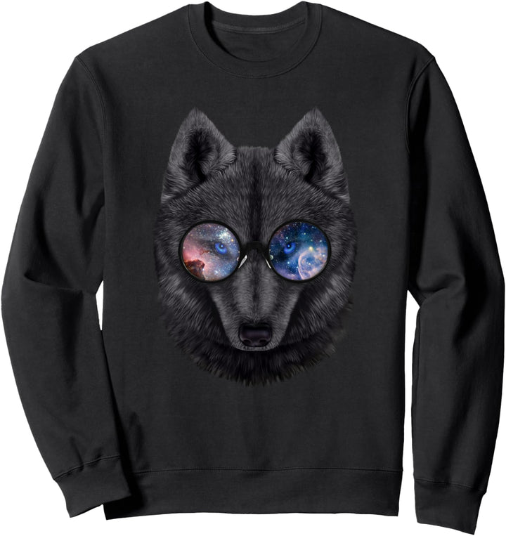 Schwarzer Wolf, die Raumgalaxiensonnenbrille trägt Sweatshirt
