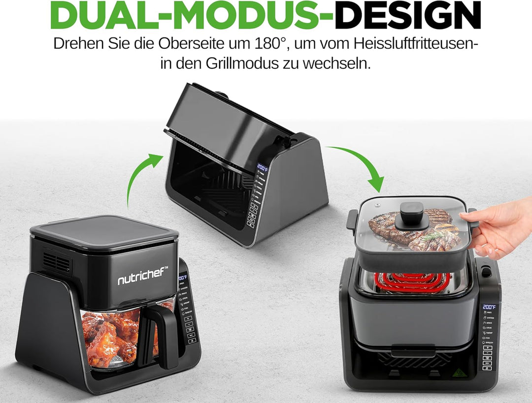 Nutrichef Heissluftfritteuse + Elektrogrill, 4L Airfryer mit Sichtfenster bis 360°C, 7 Programme, An
