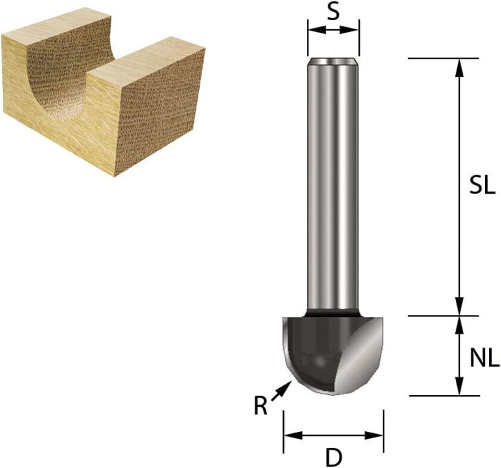 ENT 12300 Hohlkehlfräser HW, Schaft (S) 8 mm, Radius (R) 12,7 mm, Durchmesser (D) 25,4 mm, NL 19 mm,