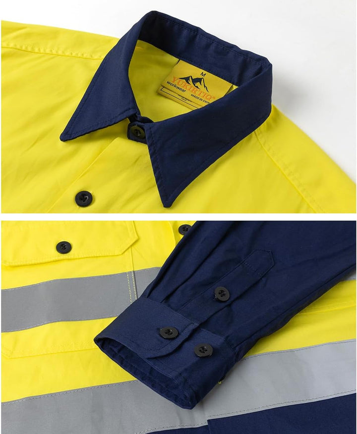 Herren Button-Down-Arbeitshemd Reflektierendes Band Langarmshirts Arbeitsjacke Atmungsaktiv Leicht A