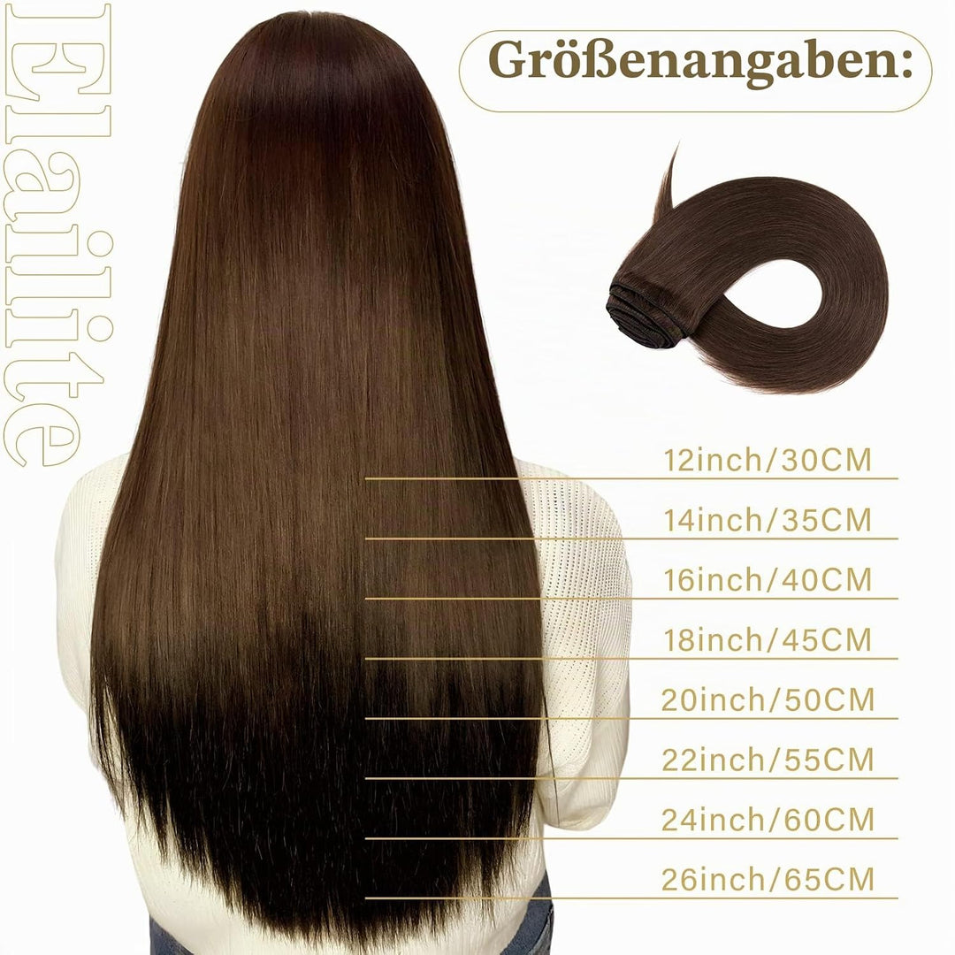 Elailite Extensions Echthaar Clip in 8 Tressen Glatt #4 Mittel braun, Haarverlängerung Real Human Ha
