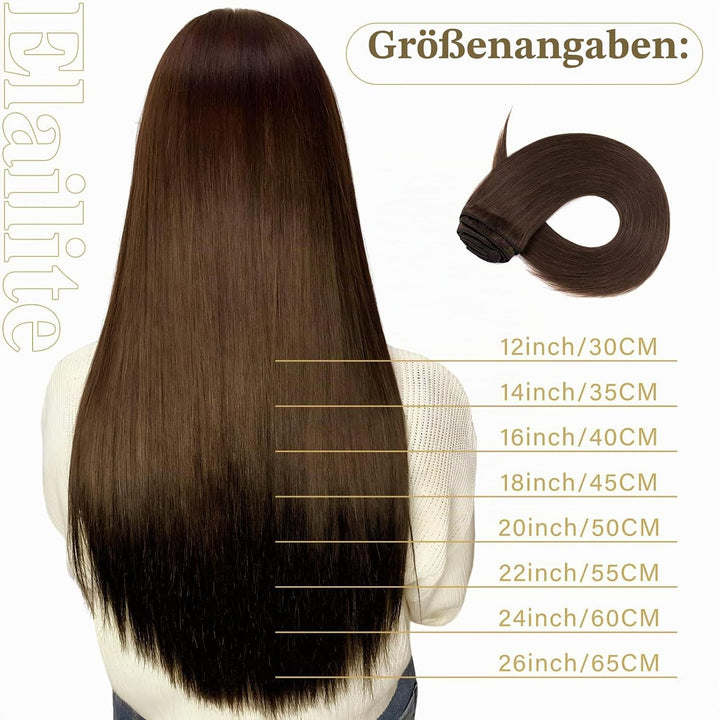 Elailite Extensions Echthaar Clip in 8 Tressen Glatt #4 Mittel braun, Haarverlängerung Real Human Ha