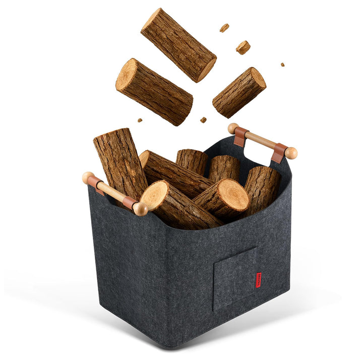 Holzkorb für Kaminholz aus Filz, grosser Kaminholzkorb 45x32x40cm, faltbare Filztasche mit rutschfes