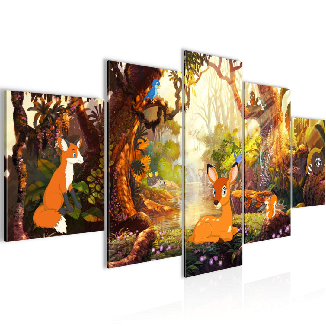 Runa Art Wandbilder Kinderzimmer Wald 5 Teilig Bild auf Vlies Leinwand Deko Babyzimmer Spielzimmer W