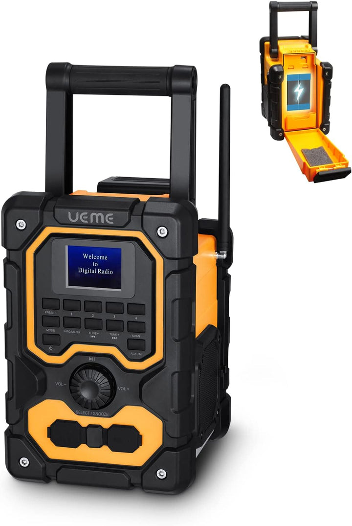 Baustellenradio Robustes DAB+ FM Radio mit Bluetooth, Ladestation, Aux Anschluss, Wiederaufladbarer