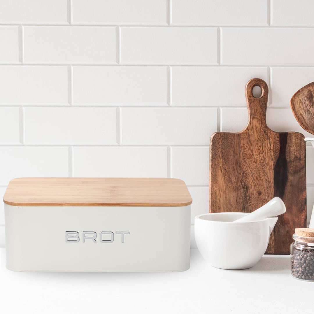 Brotkästen Metall mit Bambusdeckel – Moderne Brotbox Küche – Brot aufbewahren Inkl. Baumwollbeutel –