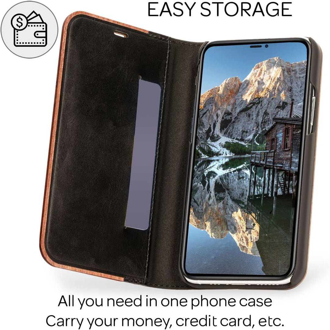 NALIA Echt-Holz Flipcase kompatibel mit iPhone 13 Pro Max Hülle, FSC zert. Natur Holzhülle mit Stand