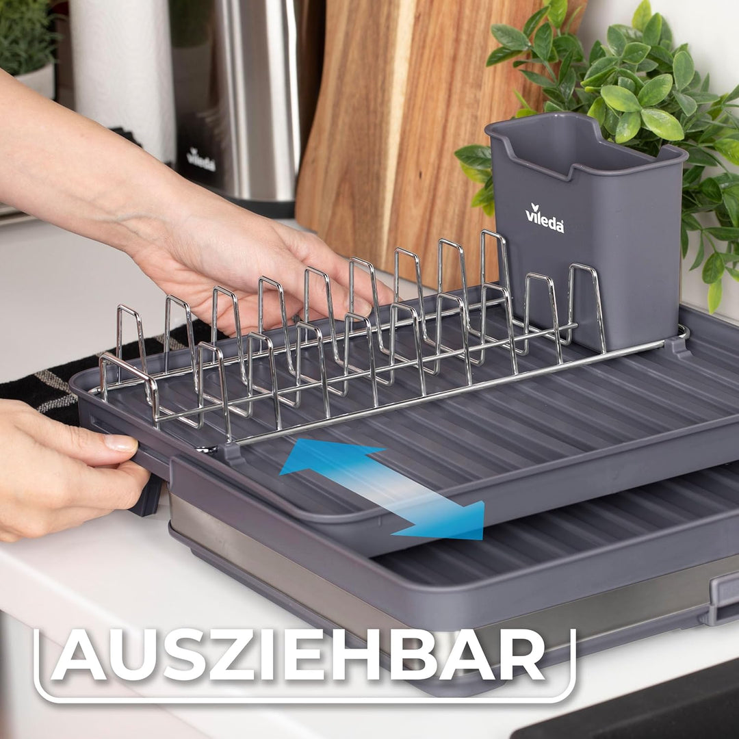 Vileda Abtropfgestell Geschirr - Platzsparendes Design mit Besteckhalter - Geschirrablage ausziehbar