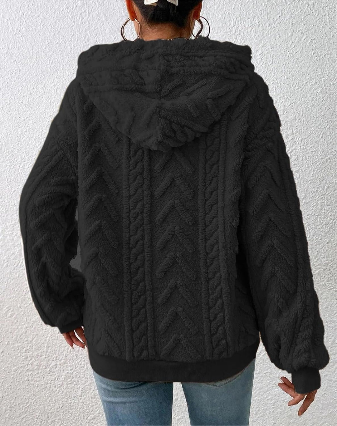 Zetieny Hoodie Damen Kapuzenpullover Teddy Fleece Double Fuzzy Fluffy Jacquard Pullover Lässiges War