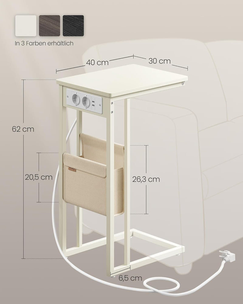 VASAGLE Beistelltisch, Nachttisch mit Steckdosen, C Form, Couchtisch für kleine Räume, 2 USB-Anschlü