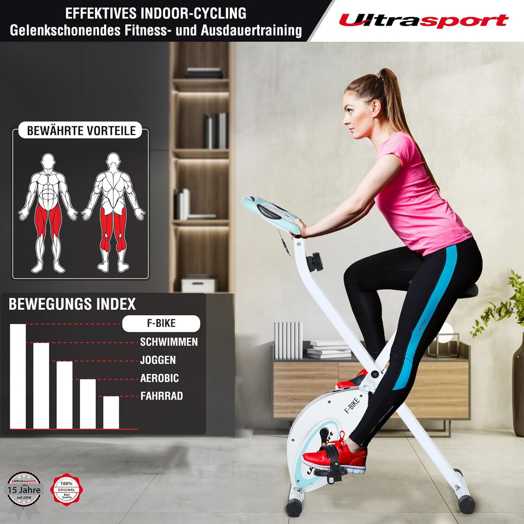 Ultrasport F-Bike, Fahrradtrainer, Heimtrainer, klappbarer Hometrainer, LCD Display, opt. Handpulsse