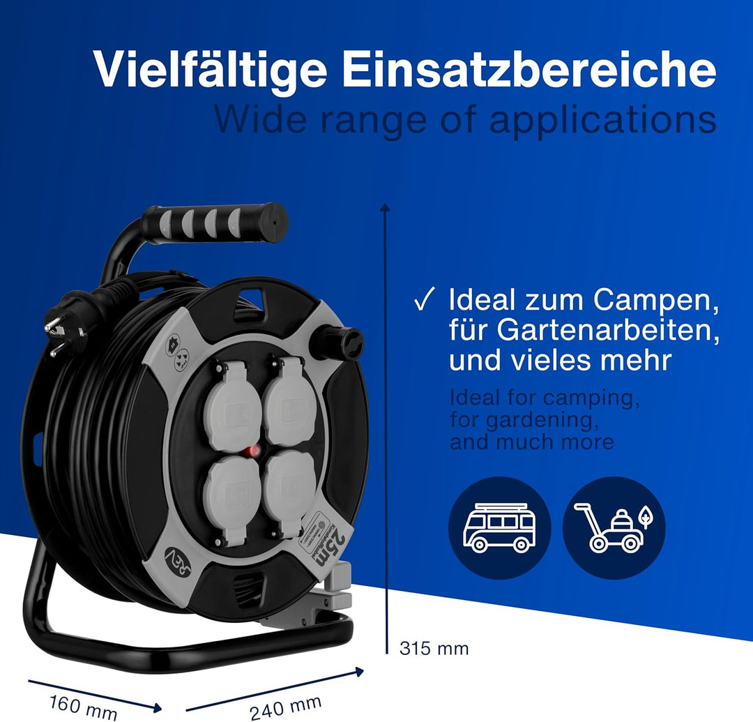 REV Kabeltrommel EX 25m Outdoor Verlängerungskabel aussen IP44, Ideal für Garten und Camping, 4-fach