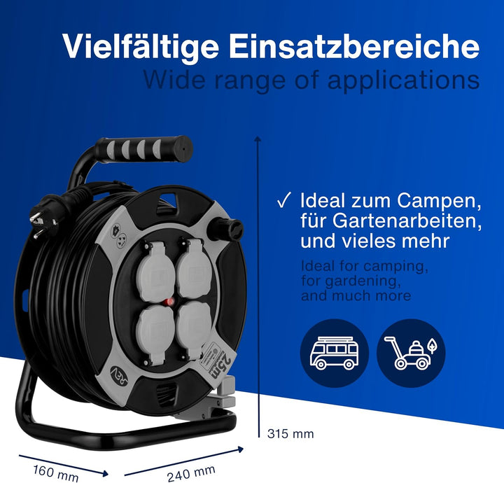 REV Kabeltrommel EX 25m Outdoor Verlängerungskabel aussen IP44, Ideal für Garten und Camping, 4-fach