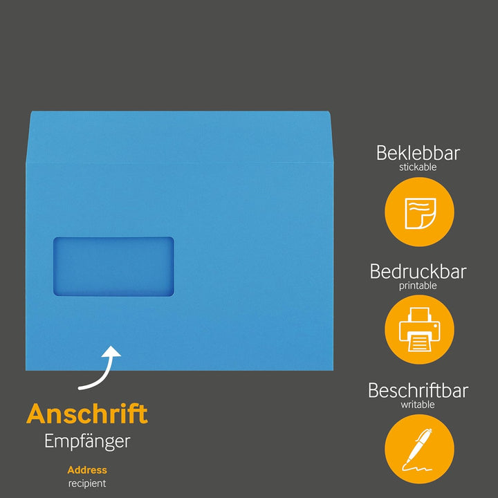 100 Stück, Farbige Briefumschläge, DIN C5, Haftklebung mit Abziehstreifen, Gerade Klappe, 130 g/qm C
